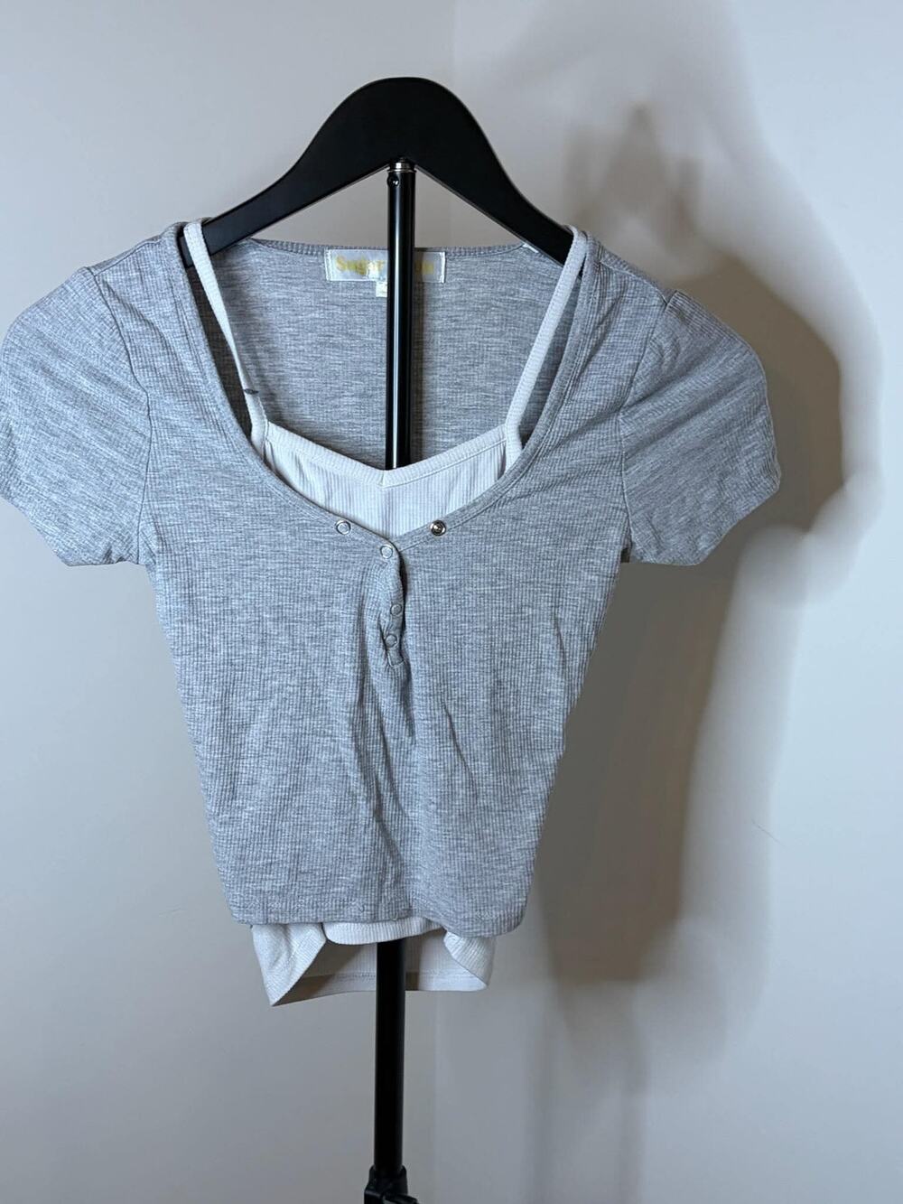 Sugar Moon Gray Layered Henley Top – Medium